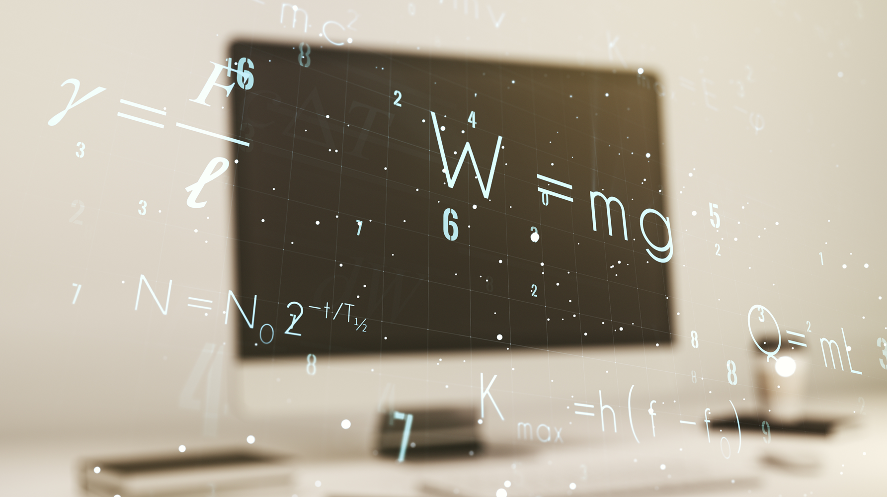 Creative scientific formula hologram on modern laptop background, research concept.