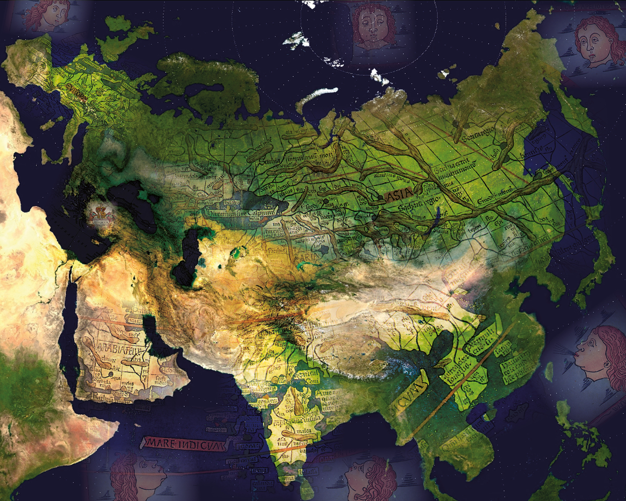 EurAsian Transformation © Collage v. D. Giesriegl (unter Verwendung von Claudius Ptolemy - The World, The Macedonian Empire, 336-323, Wikimedia Commons und Google Earth).